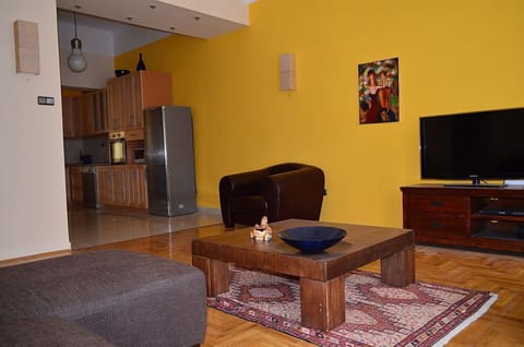 Flat-screen TV, fireplace, DVD player, books