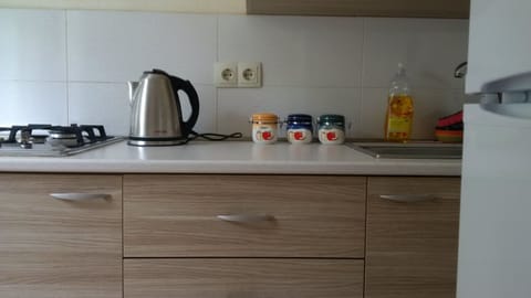 Fridge, electric kettle, cookware/dishes/utensils, dining tables