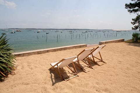 On the beach, sun loungers