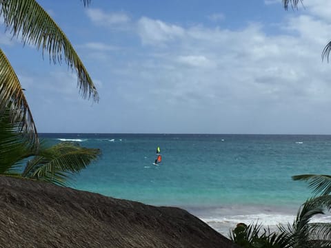 On the beach, sun loungers, beach towels