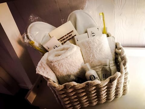 Hair dryer, towels, soap, shampoo