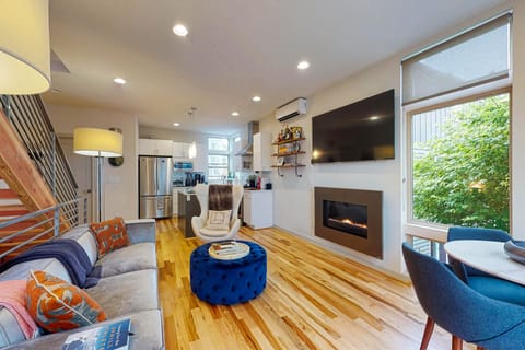 TV, fireplace, books