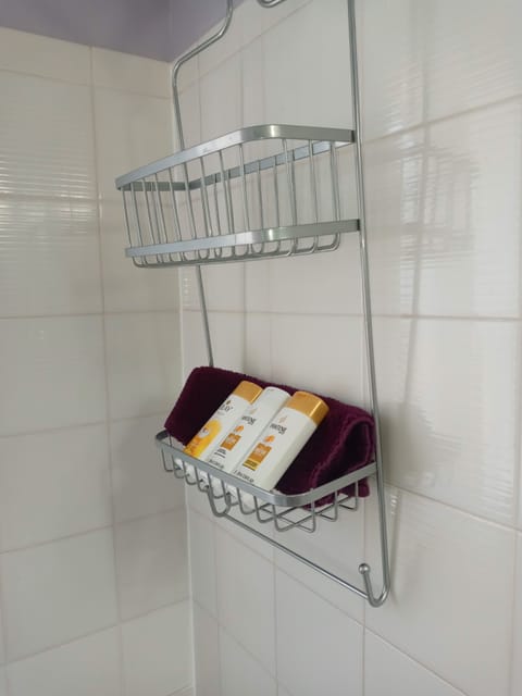 Combined shower/tub, hair dryer, towels, soap