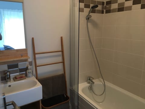 Bathtub, hair dryer, towels, toilet paper