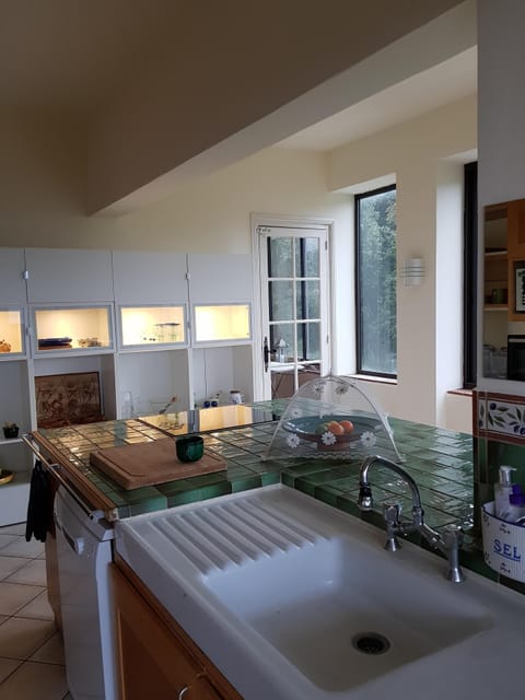 kitchen with large island and huge windows surrounding