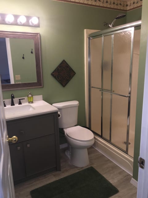 Combined shower/tub, hair dryer, towels, toilet paper