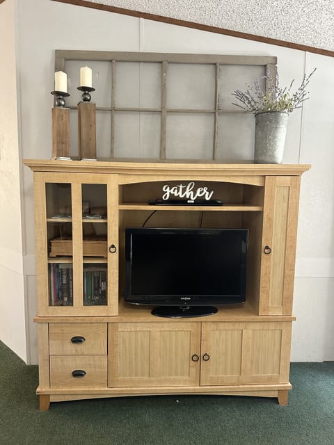 Living room has a smart TV for streaming and a DVD player and library of movies.