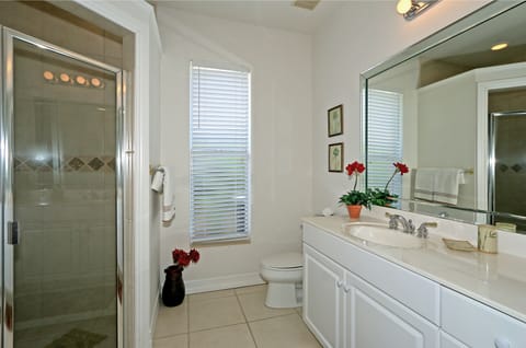 Combined shower/tub, hair dryer, towels, soap