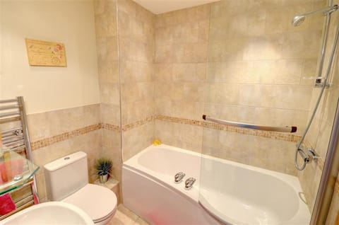 Combined shower/tub, hair dryer, towels