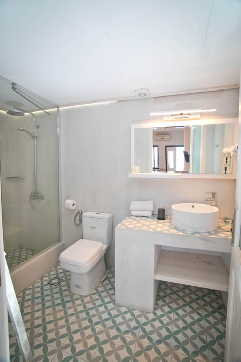 Combined shower/tub, hair dryer, bidet, towels