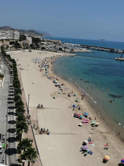 On the beach, sun loungers