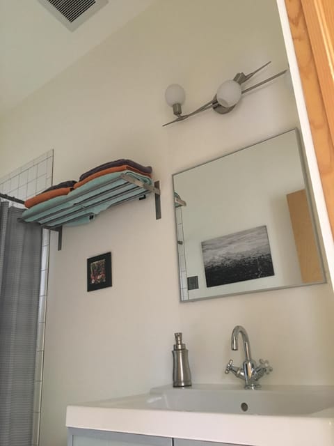 Combined shower/tub, hair dryer, towels, soap