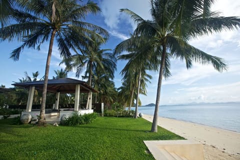 On the beach, sun loungers, beach towels