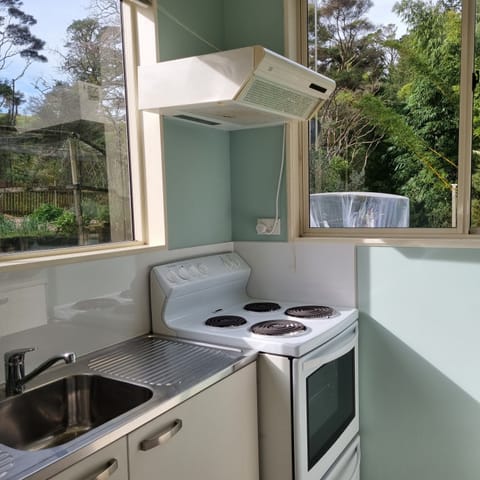 Full kitchen with garden outlook.