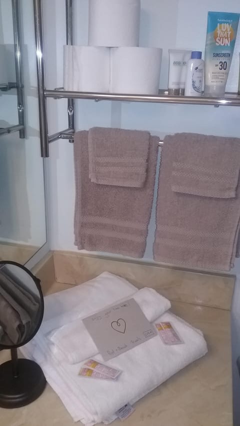 Combined shower/tub, hair dryer, towels, soap