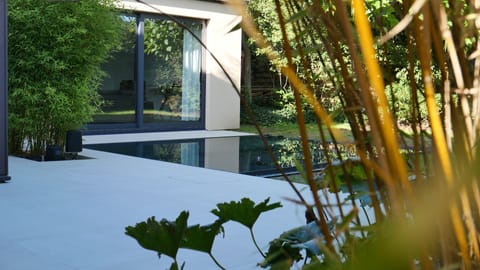 The bucolic garden and its water feature visually extend the living room
