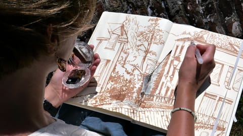 Kate K draws the view towards the valley from the church wall in front of the gîte and our house.