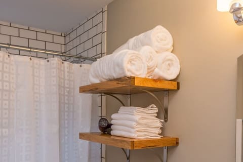 Combined shower/tub, hair dryer, towels