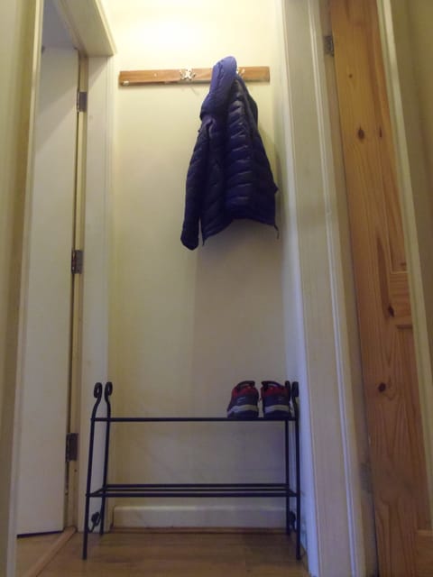 hall way has hanging for coats and shoe stand. Steps to kitchen are stone steps