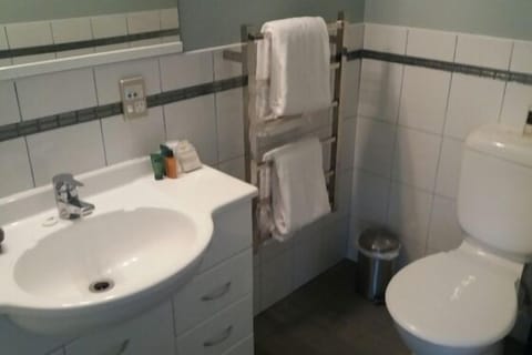 Shower, jetted tub, hair dryer, towels