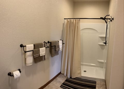 Combined shower/tub, hair dryer, towels, soap