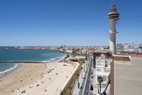 On the beach, sun loungers