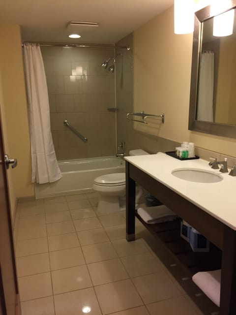 Combined shower/tub, hair dryer, towels