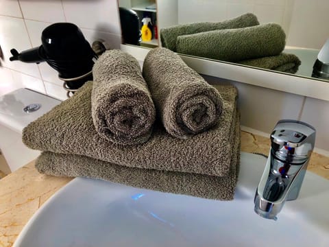 Combined shower/tub, hair dryer, towels, soap