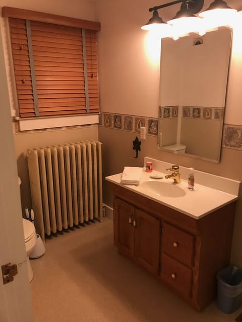 Combined shower/tub, hair dryer, towels, soap