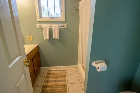 Combined shower/tub, hair dryer, towels, toilet paper