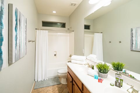 Combined shower/tub, jetted tub, hair dryer, towels