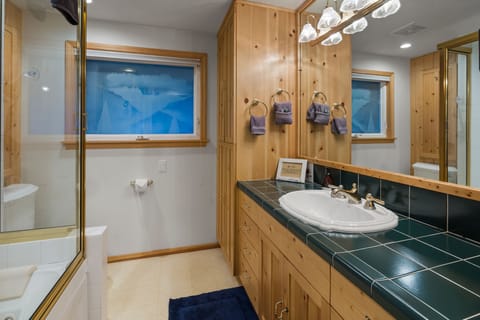 Combined shower/tub, jetted tub, eco-friendly toiletries, hair dryer