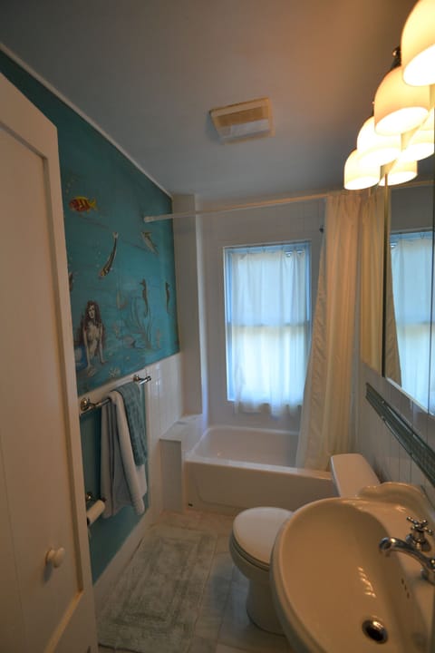 Combined shower/tub, hair dryer, towels