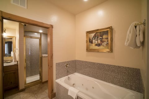 Shower, jetted tub, hair dryer, towels