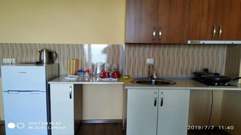 Fridge, microwave, electric kettle, cookware/dishes/utensils