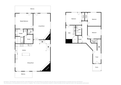 Detailed floor plan shows large decks on the front and rear of the house