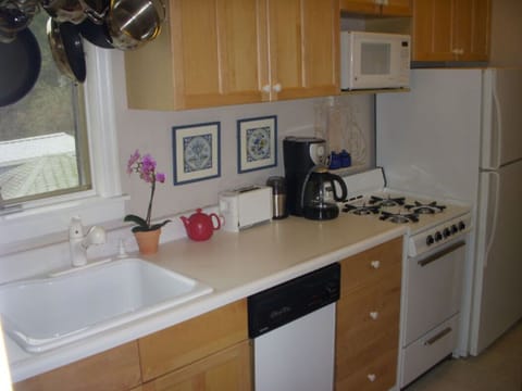 Well equipped kitchen, gas stove, dishwasher,  fresh air views of sky and trees