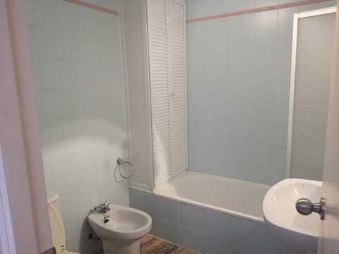 Combined shower/tub, hair dryer, bidet, towels