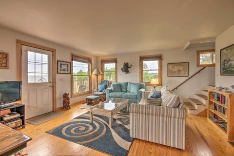 Flat-screen TV, fireplace, books