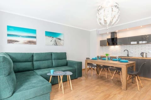 Living room with a fold-out sofa bed, dining area and kitchenette.