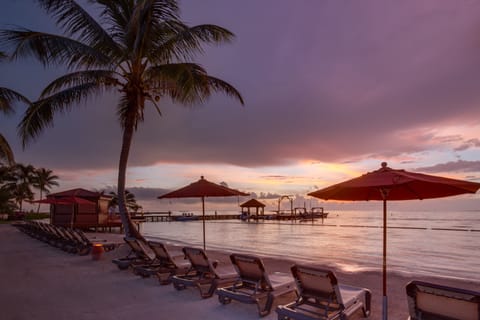 On the beach, sun loungers, beach towels