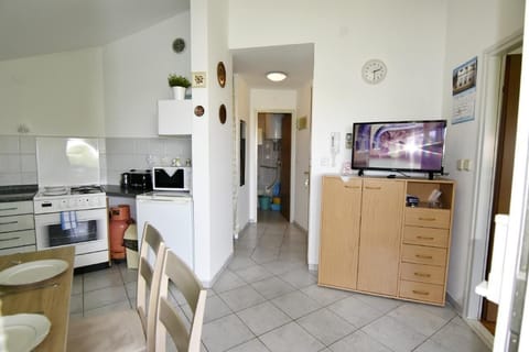 The entrance to the living area with kitchen, flat-screen TV and entrance to the bathroom