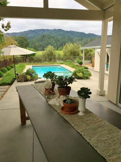 Backyard w/pool house to right