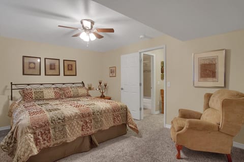 3rd bedroom in basement with a king bed. 