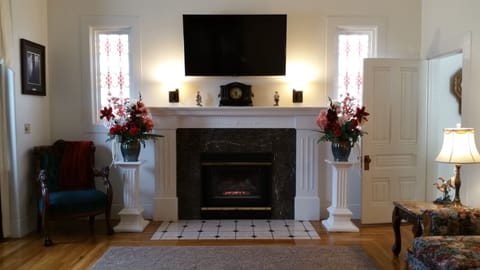 Living room showing gas fireplace, Roku tv