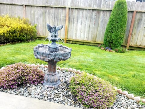 Water fountain in back yard, flowers, lawn