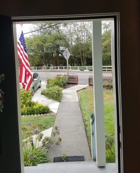 view from front door: flag, front walk