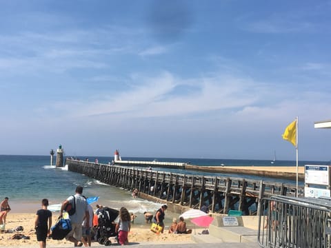 On the beach, sun loungers