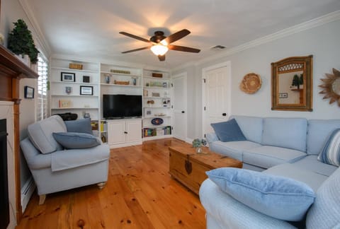 Downstairs living room with 4K TV and fireplace