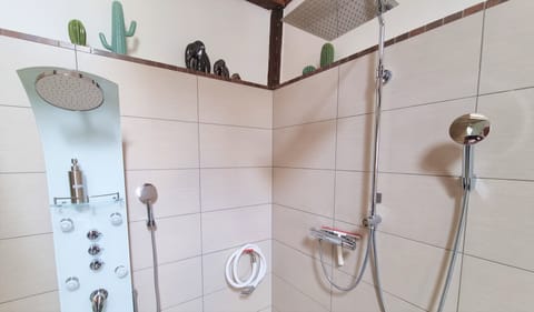 Combined shower/tub, jetted tub, hair dryer, towels